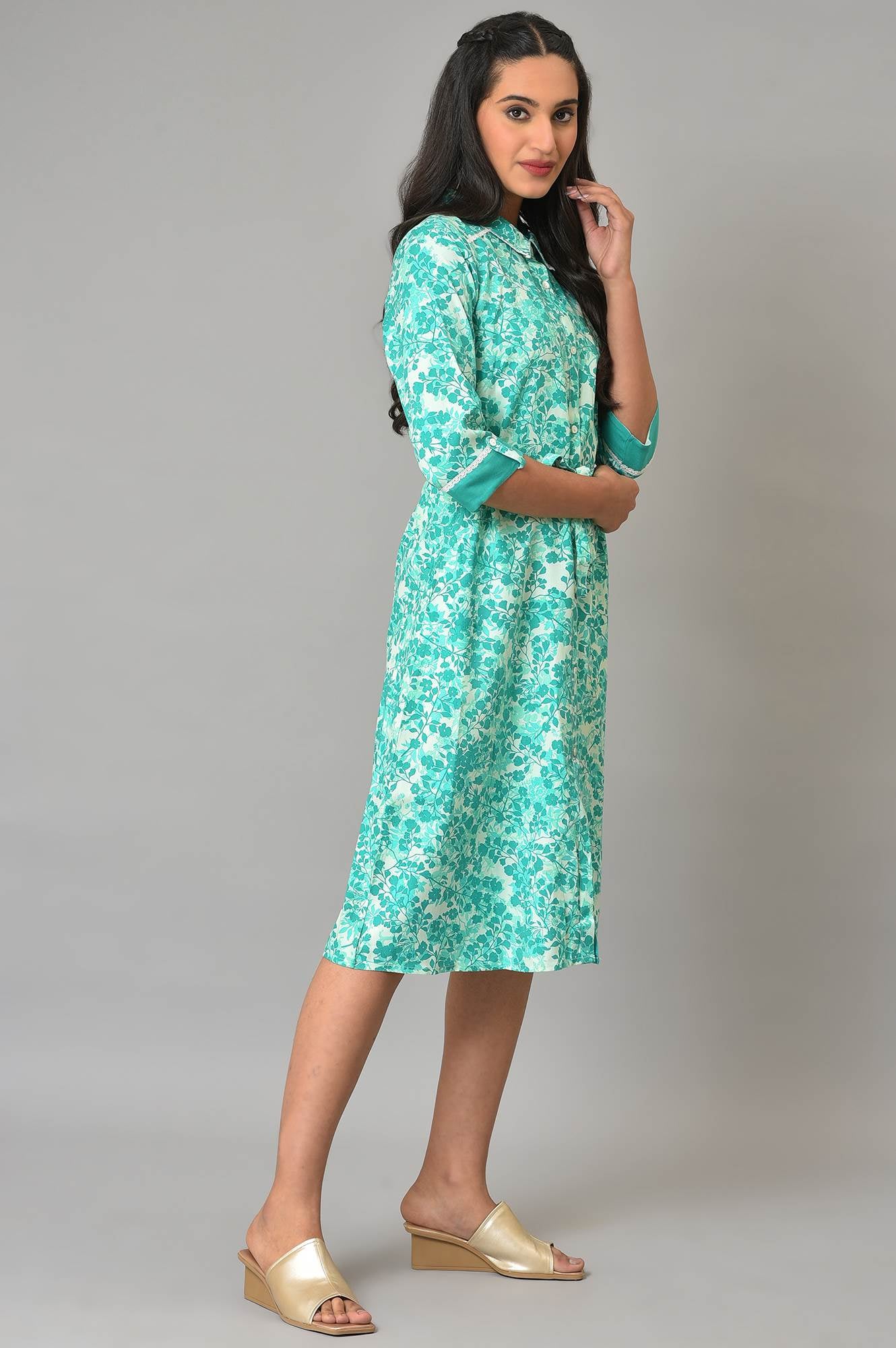 Green Cotton Floral Printed Summer Dress