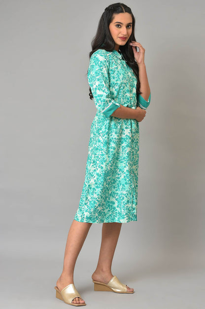 Green Cotton Floral Printed Summer Dress