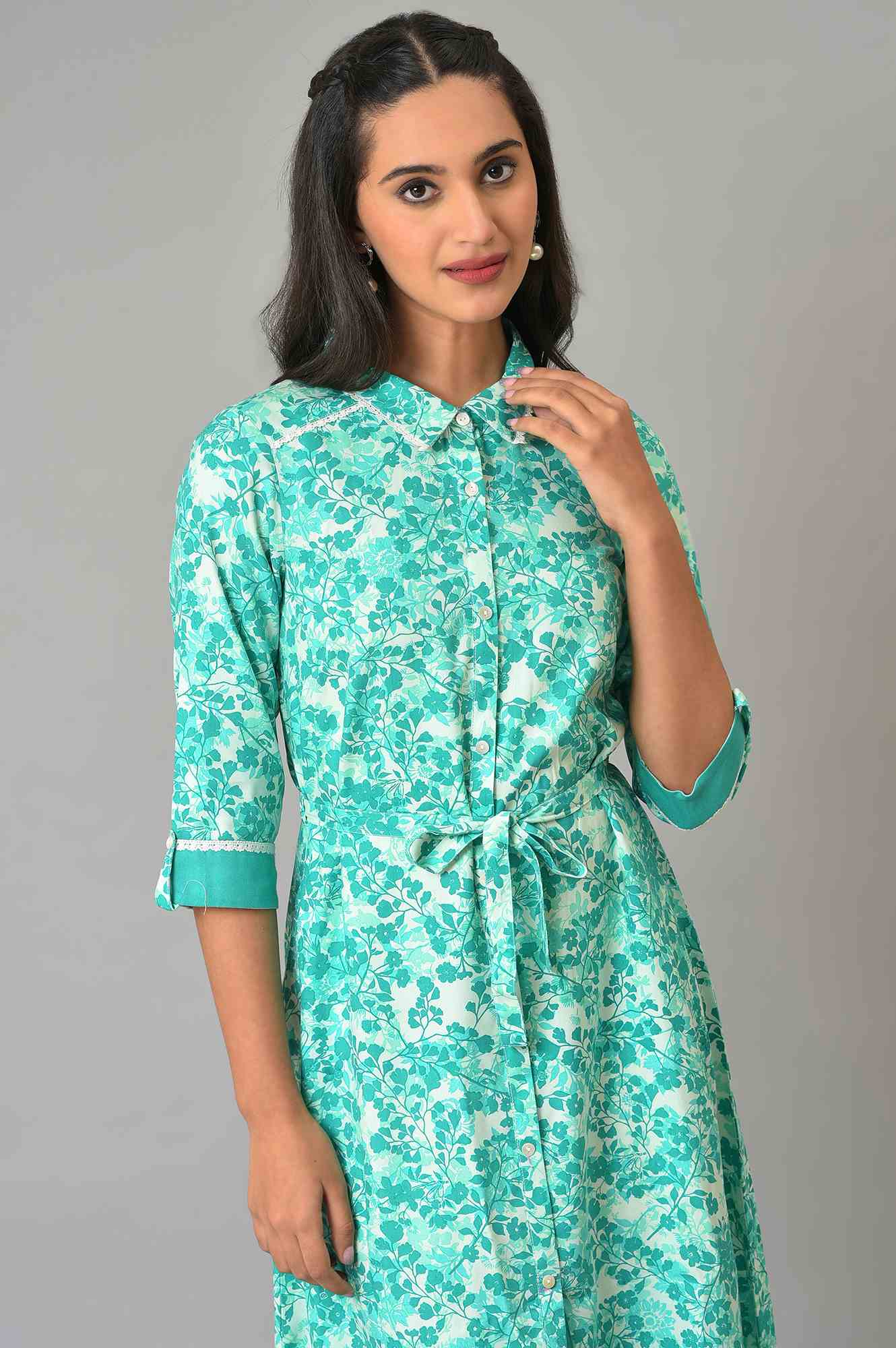 Green Cotton Floral Printed Summer Dress