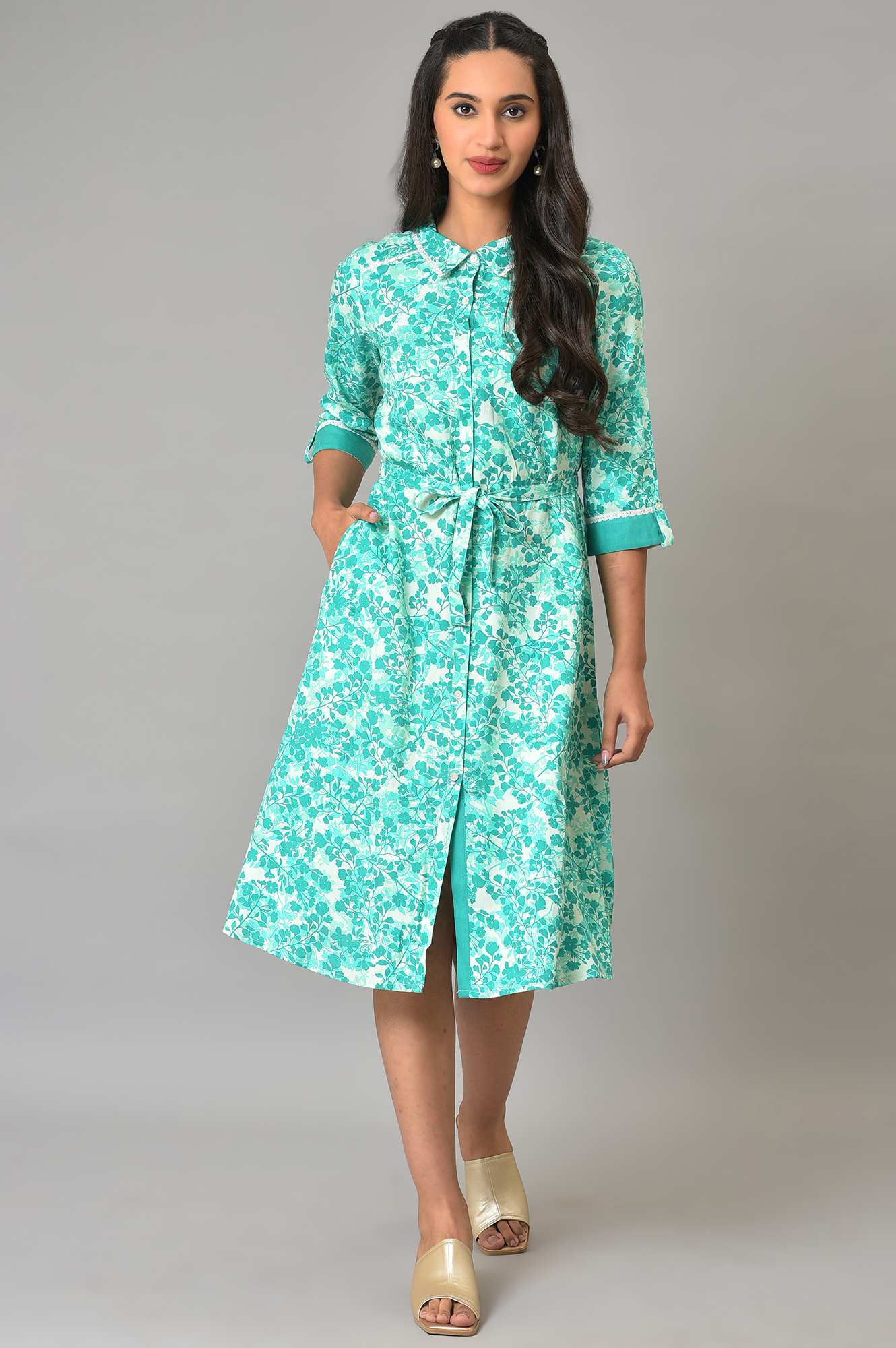 Green Cotton Floral Printed Summer Dress