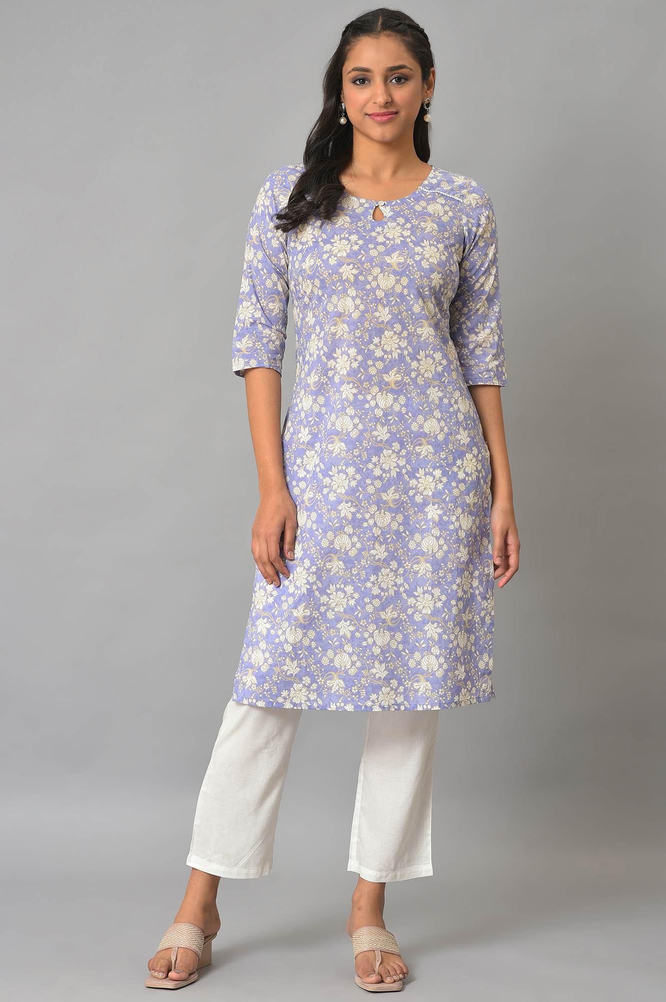 Lavender Floral Printed Plus Size Cotton kurta