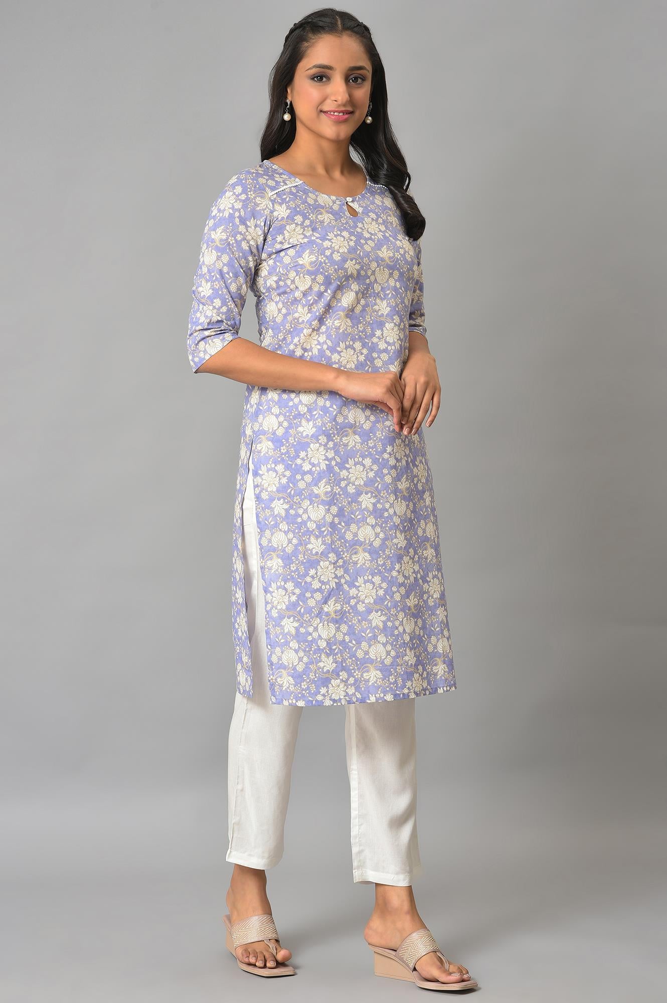 Lavender Floral Printed Cotton kurta