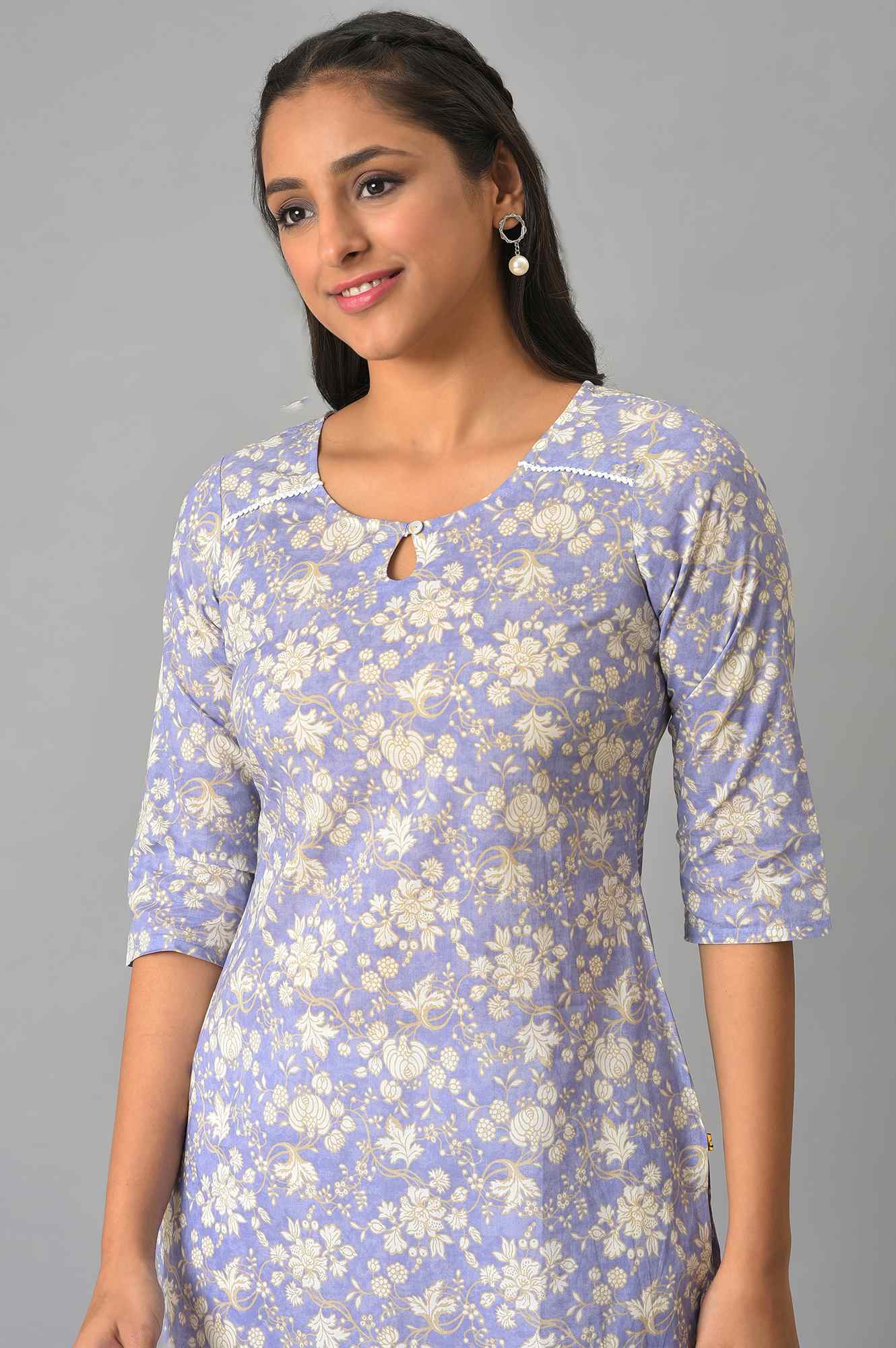 Lavender Floral Printed Cotton kurta