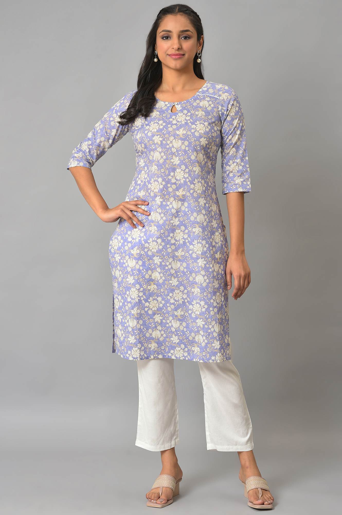 Lavender Floral Printed Plus Size Cotton kurta