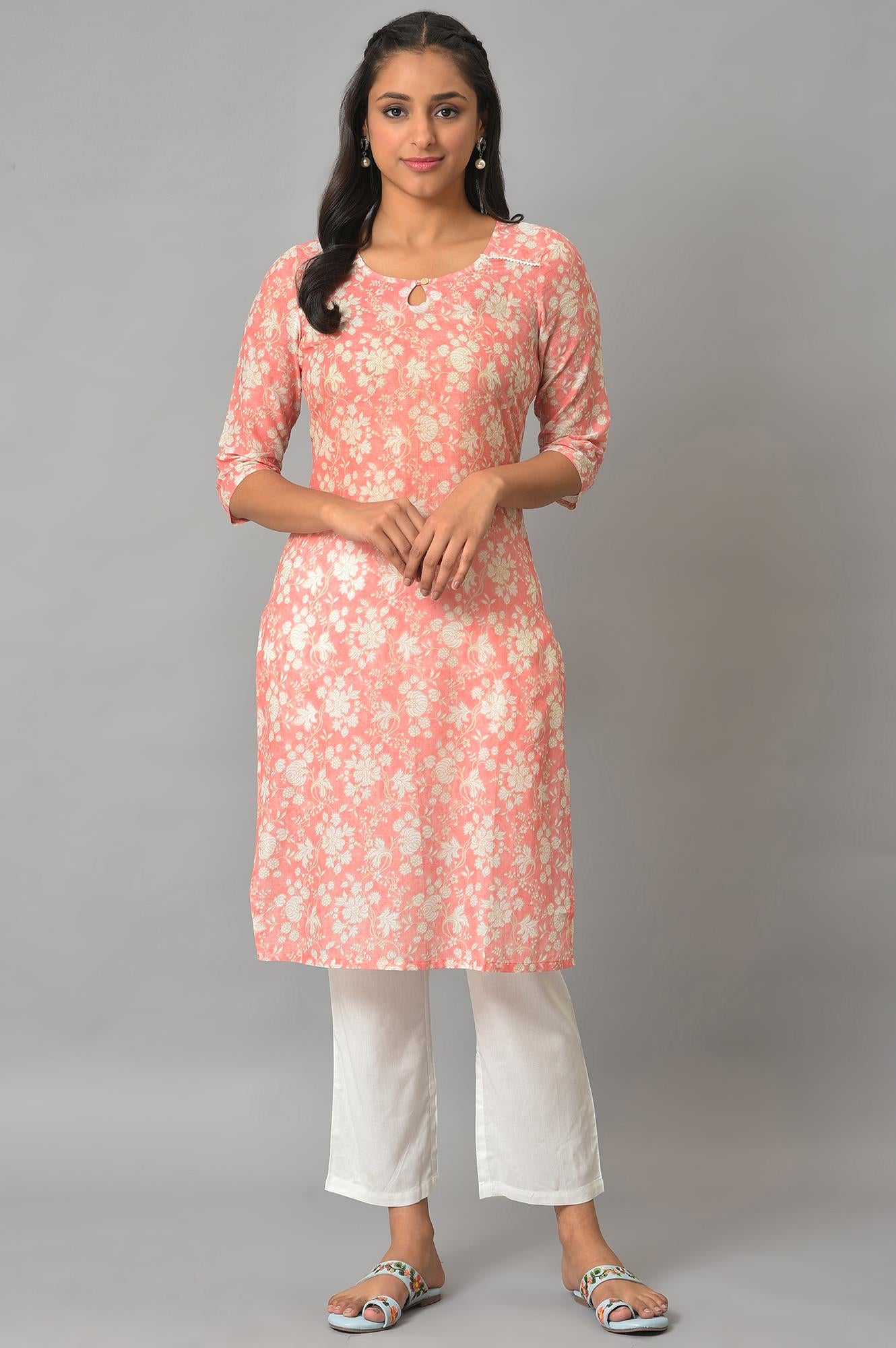 Orange Floral Printed Plus Size Cotton kurta