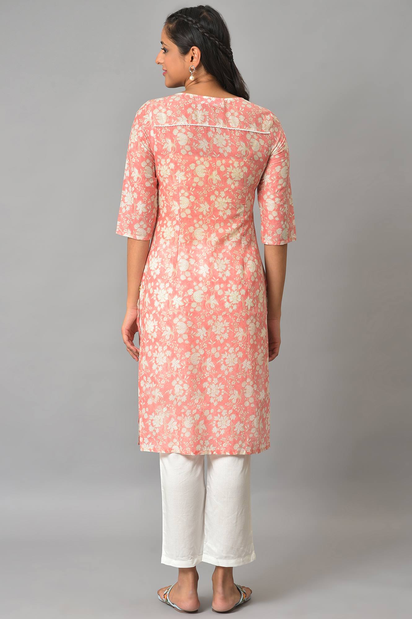 Orange Floral Printed Plus Size Cotton kurta