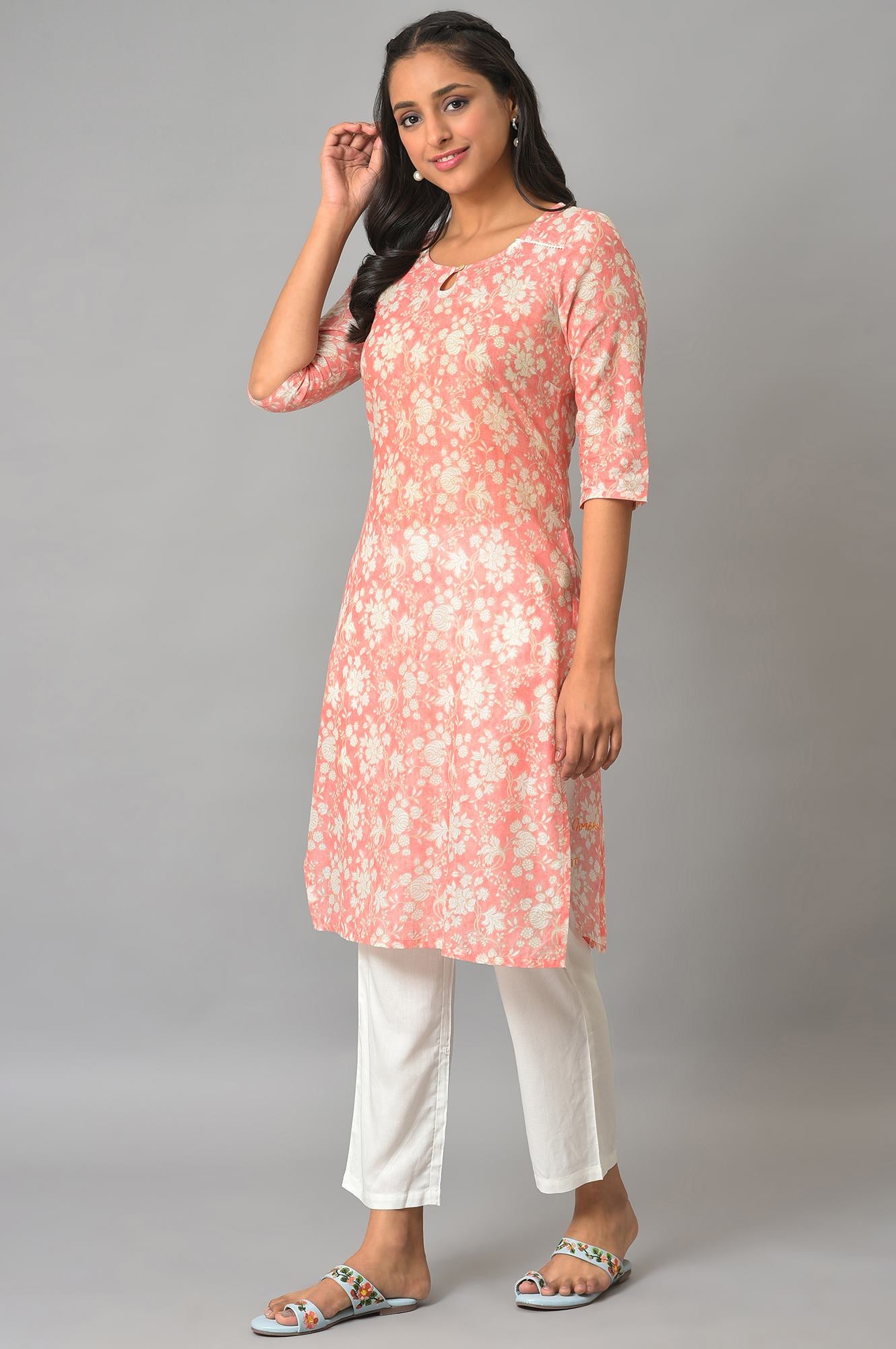 Orange Floral Printed Plus Size Cotton kurta