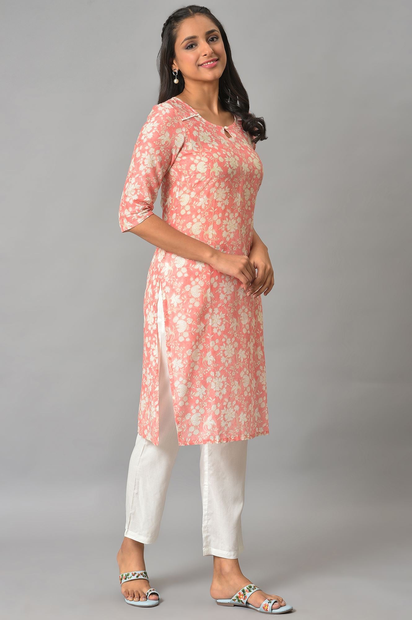 Orange Floral Printed Plus Size Cotton kurta