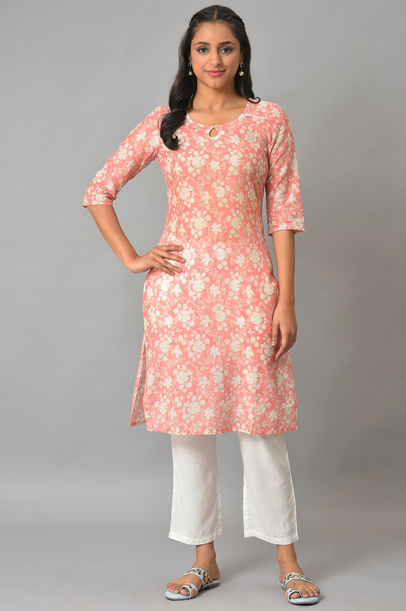 Orange Floral Printed Plus Size Cotton kurta