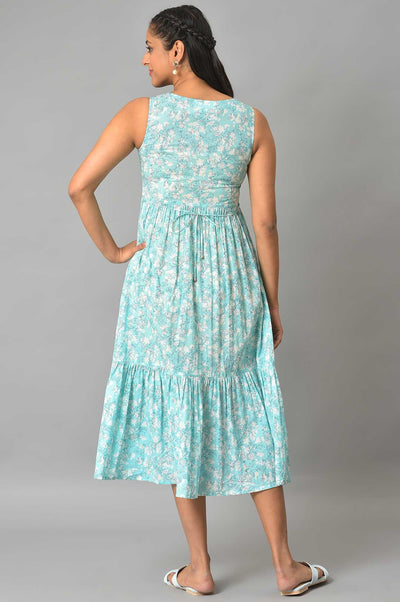 Blue Flared Floral Printed Sleeveless Dress