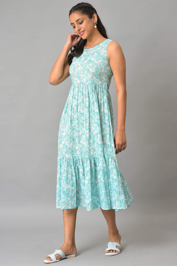 Blue Flared Floral Printed Sleeveless Dress