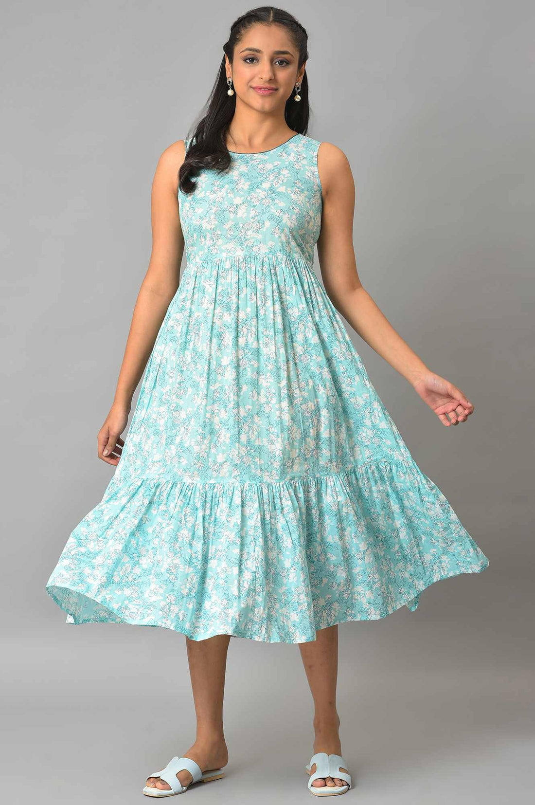 Blue Flared Floral Printed Sleeveless Dress