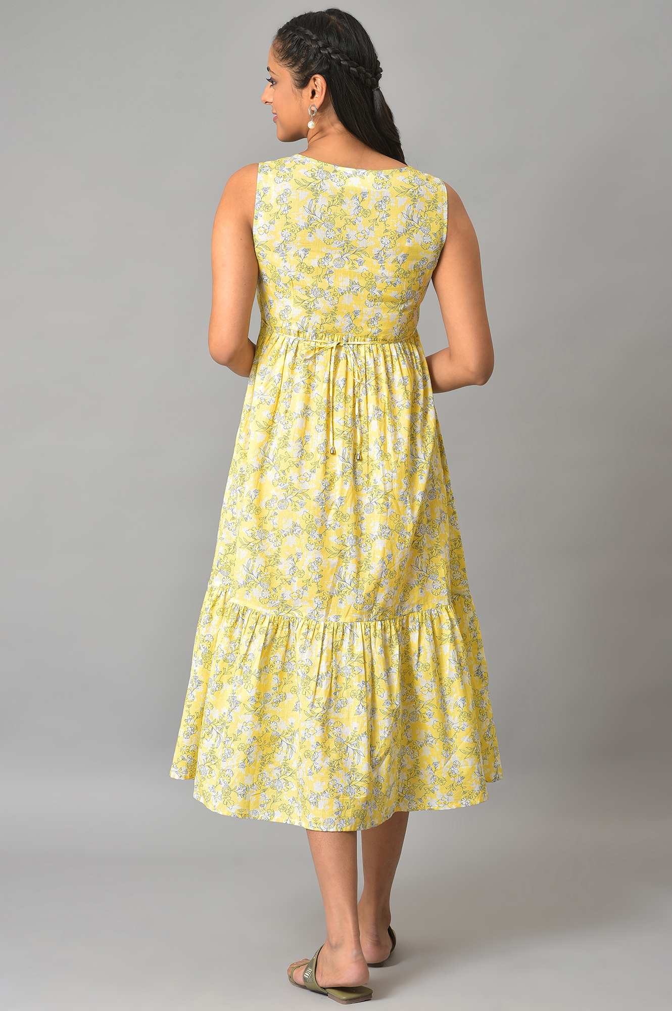 Yellow Flared Floral Printed Sleeveless Dress