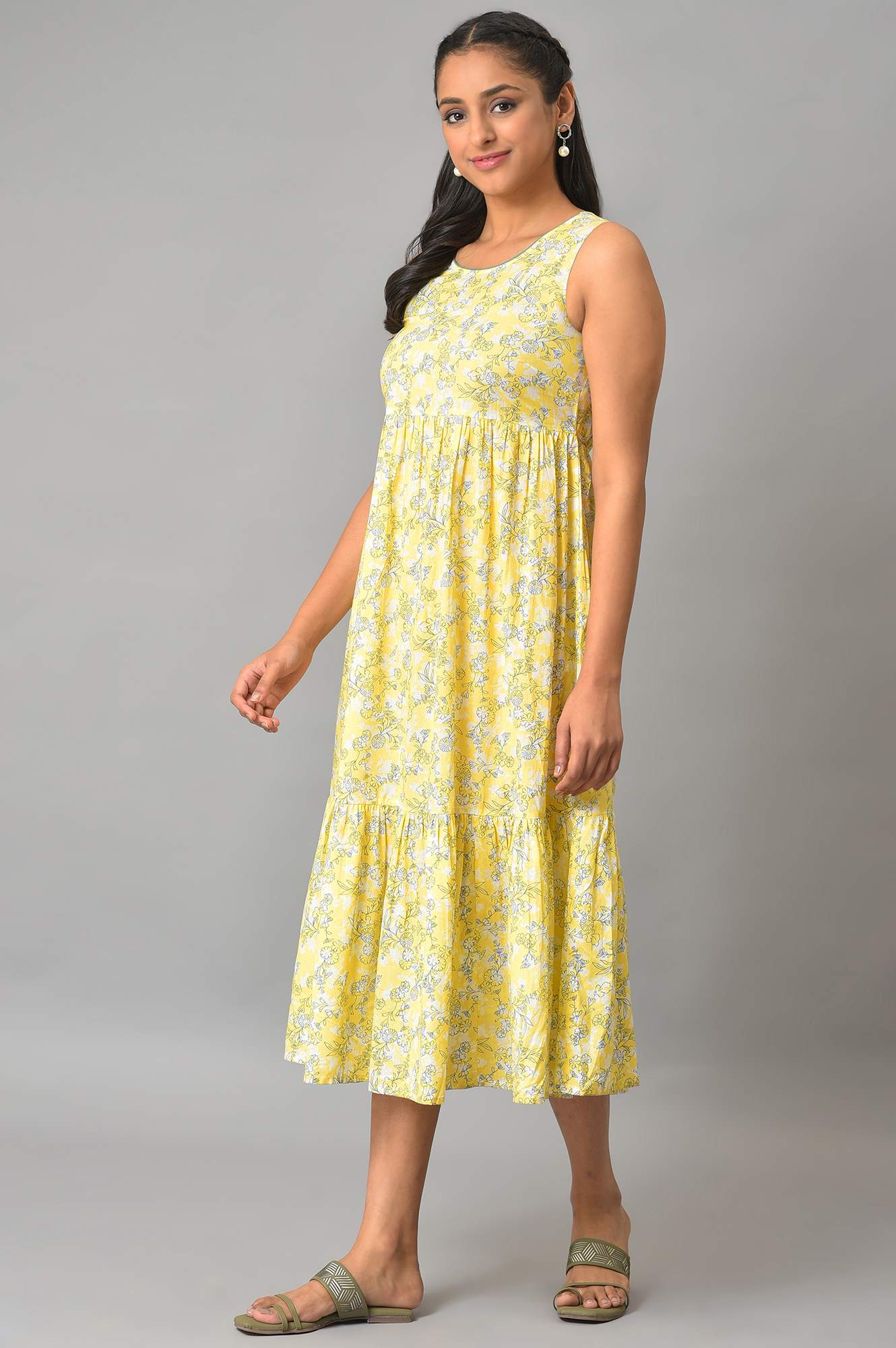 Yellow Flared Floral Printed Sleeveless Dress