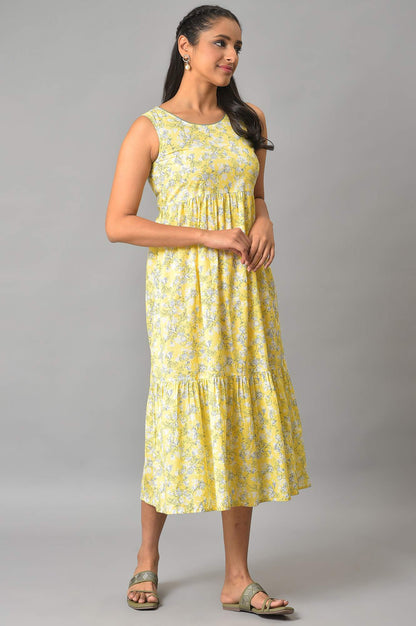 Yellow Flared Floral Printed Sleeveless Dress