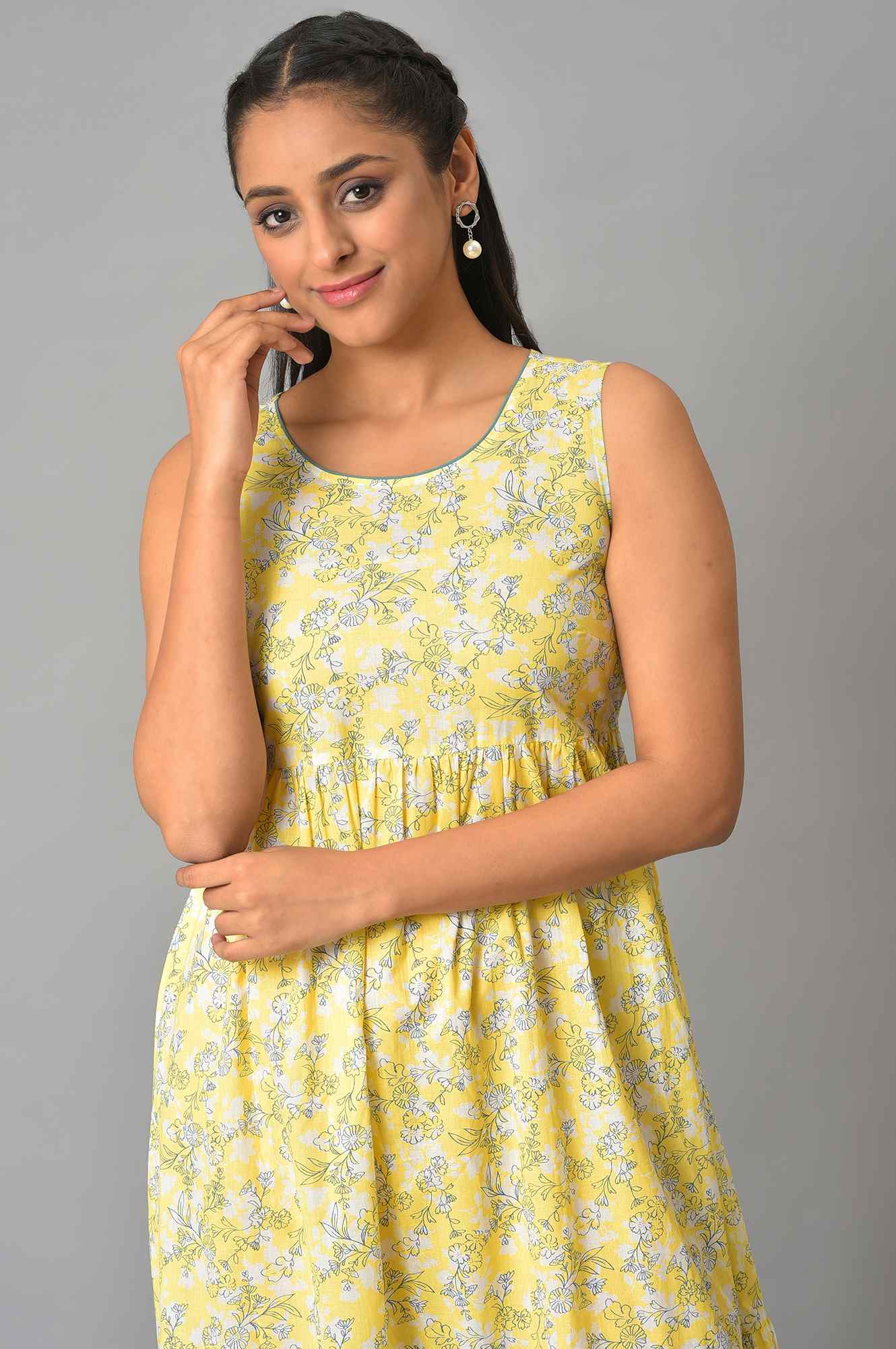 Yellow Flared Floral Printed Sleeveless Dress