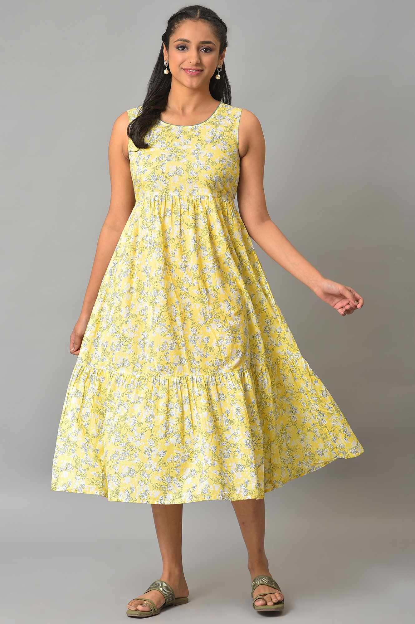 Yellow Flared Floral Printed Sleeveless Dress