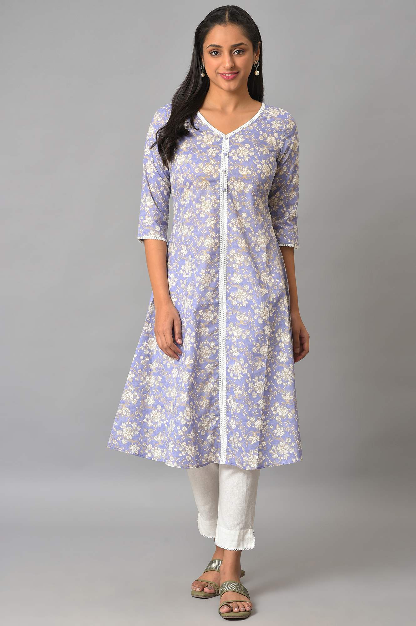 Lavender Floral Printed A-Line kurta