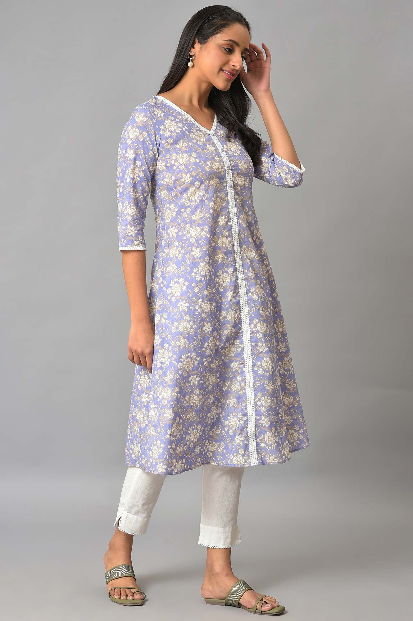 Lavender Floral Printed A-Line kurta