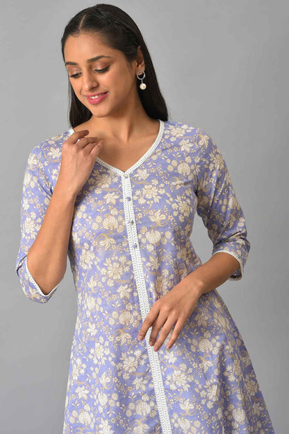 Lavender Floral Printed A-Line kurta