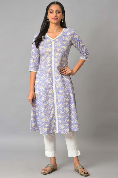 Lavender Floral Printed A-Line kurta