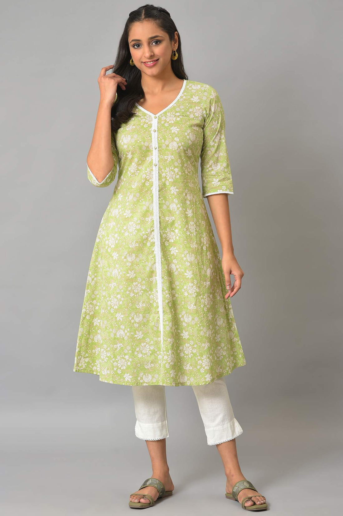 Green Floral Printed A-Line kurta