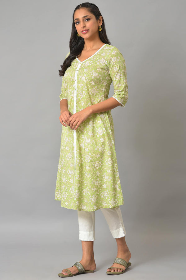 Green Floral Printed A-Line kurta
