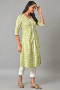 Green Floral Printed A-Line kurta