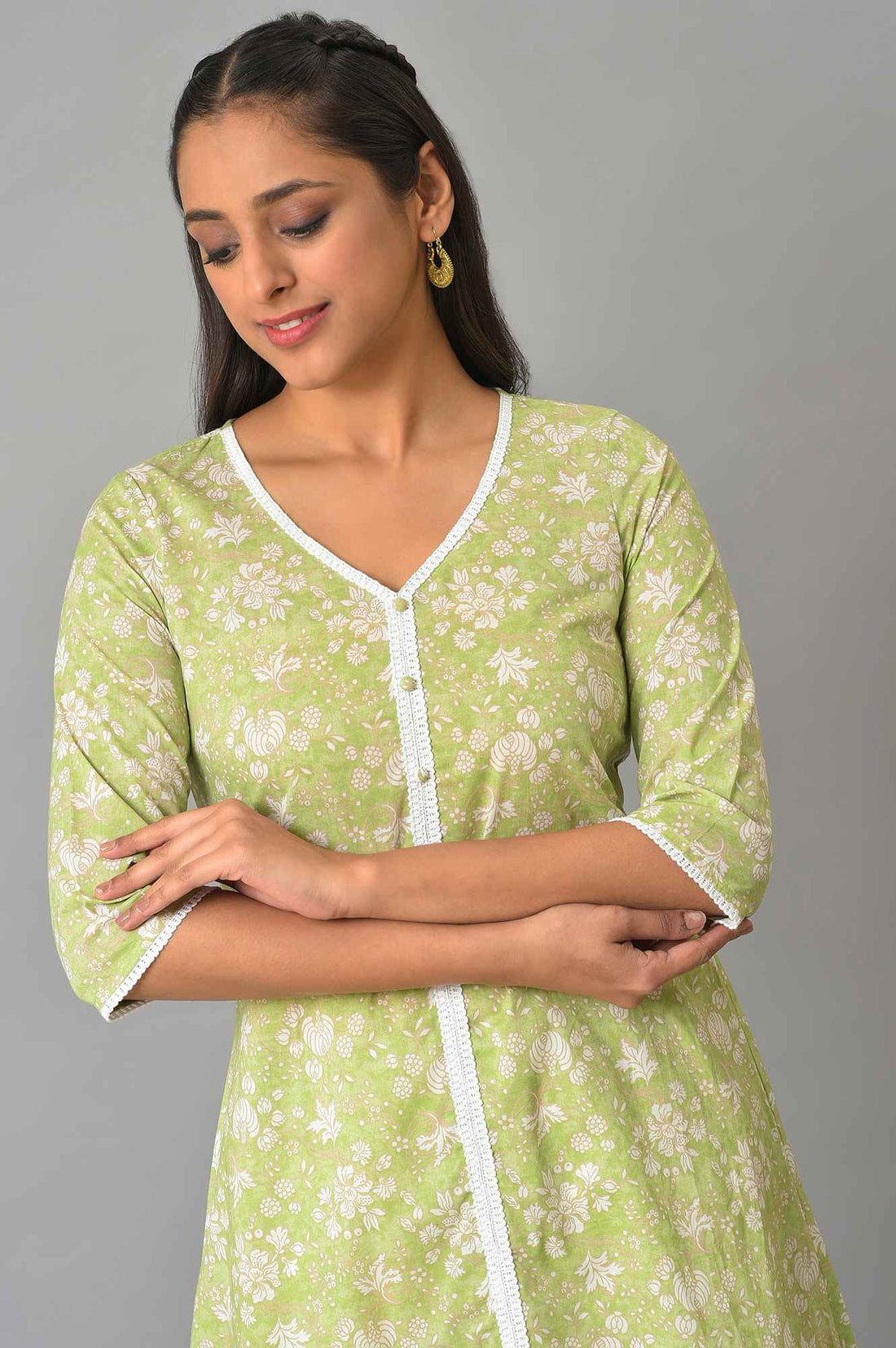 Green Floral Printed A-Line kurta