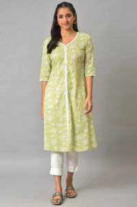 Green Floral Printed A-Line kurta