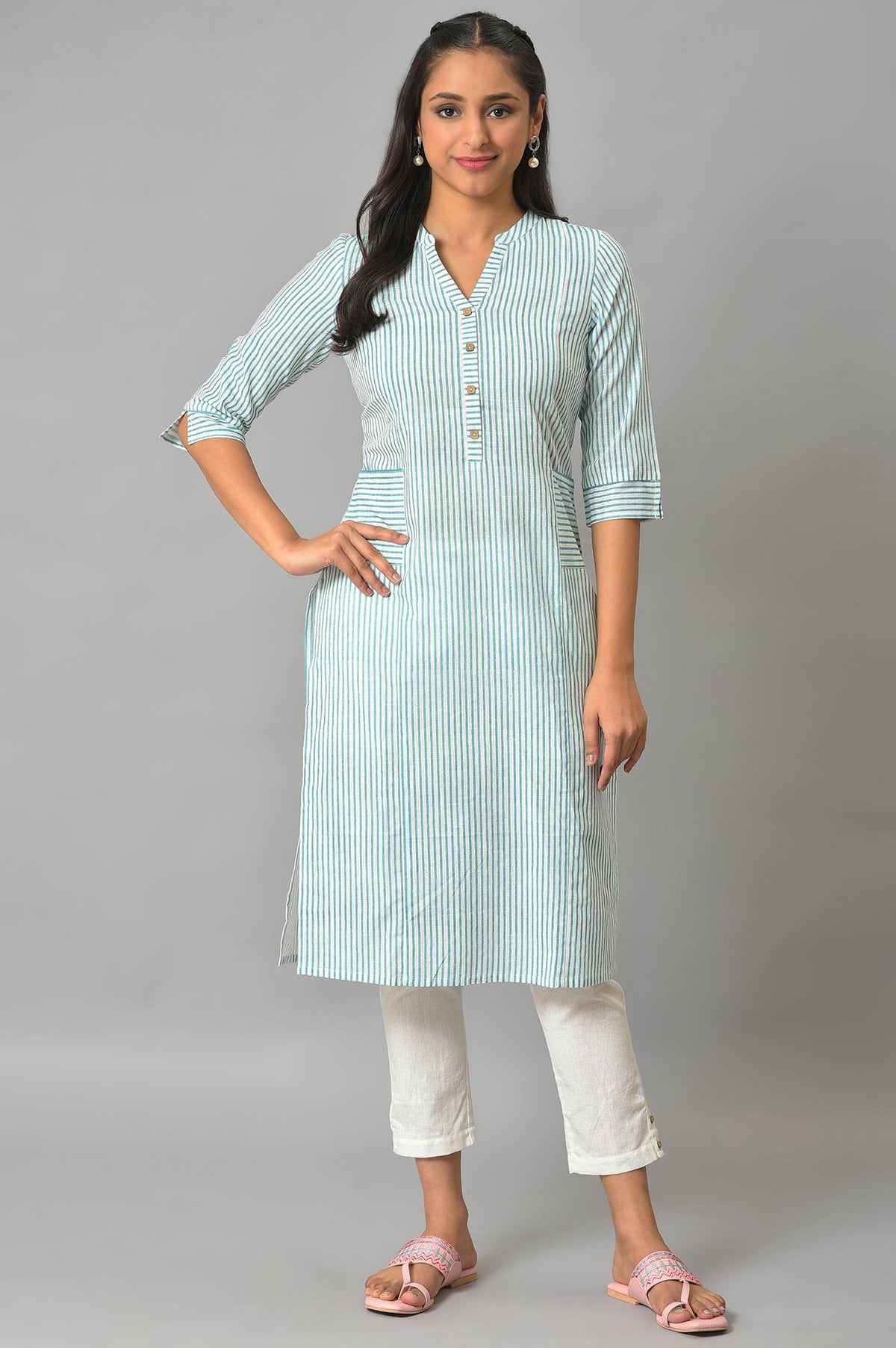 Green Stripe Printed Straight kurta - XS