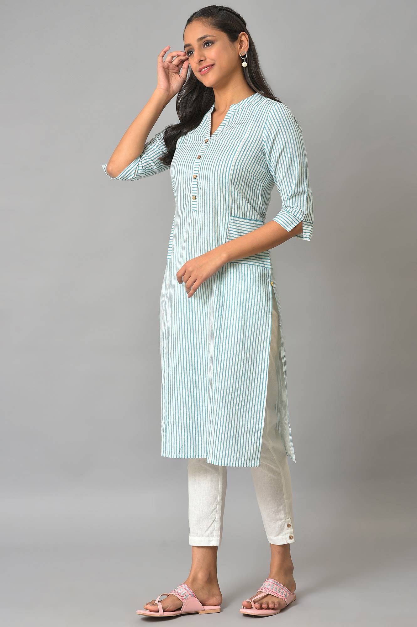 Green Stripe Printed Straight kurta