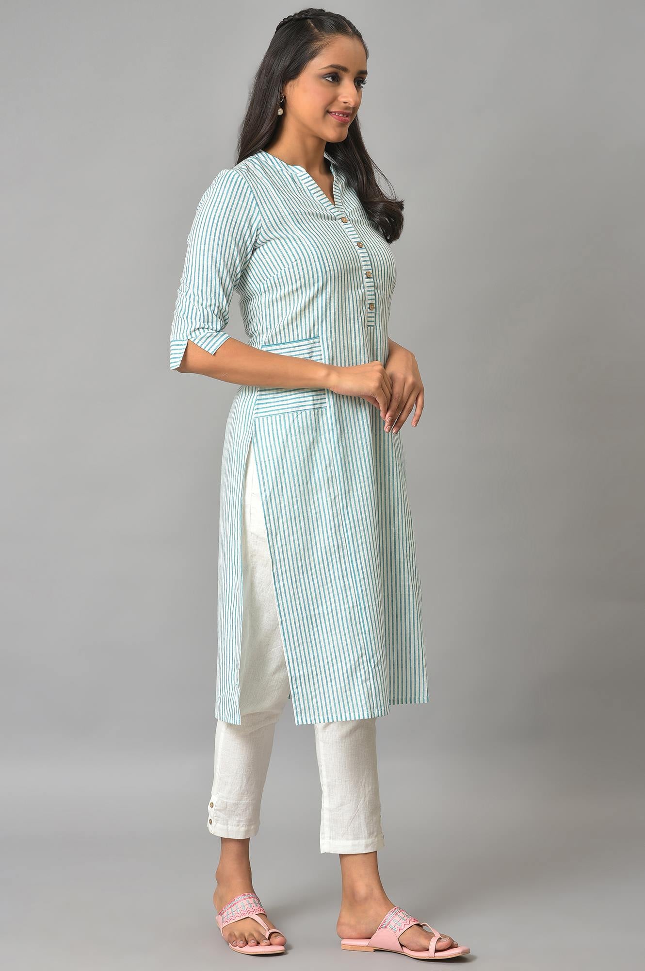 Green Stripe Printed Straight kurta