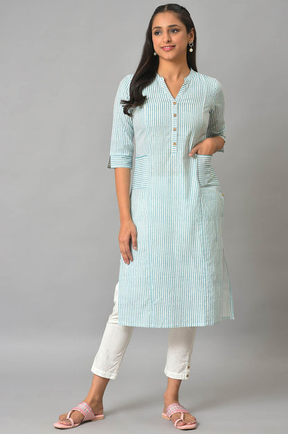 Green Stripe Printed Straight kurta