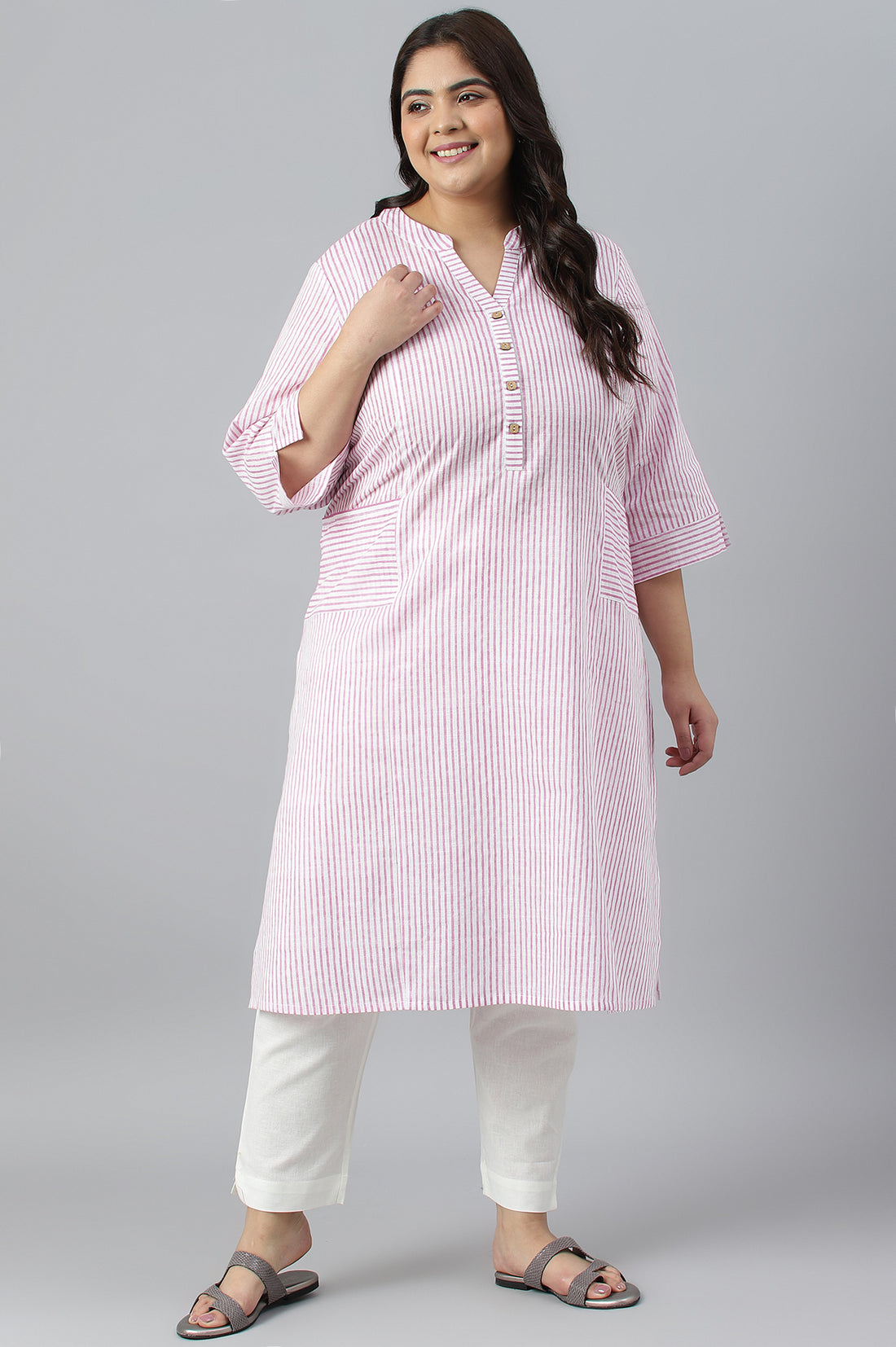 Purple Stripe Printed Straight Plus Size kurta
