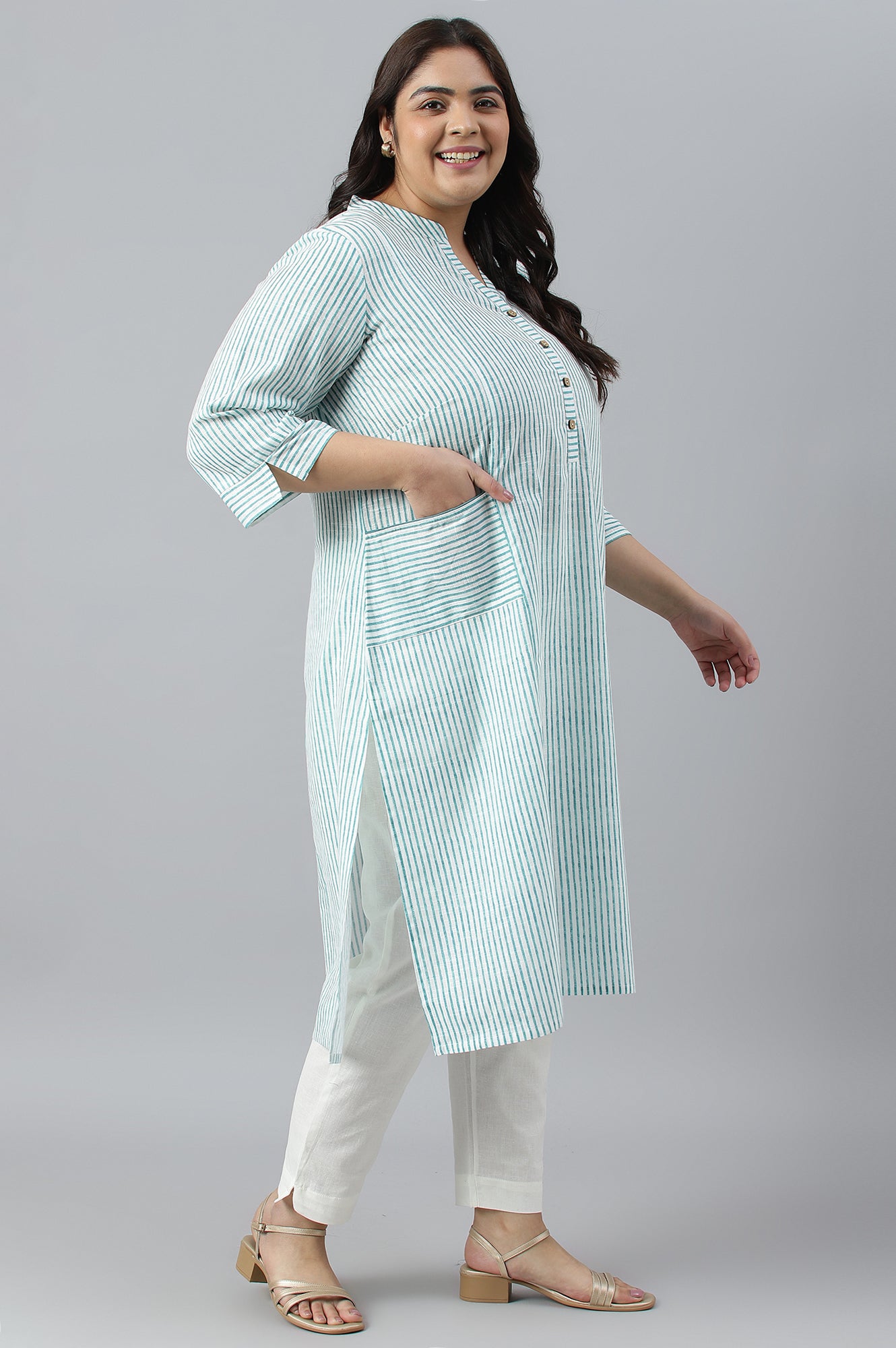 Green Stripe Printed Straight Plus Size kurta