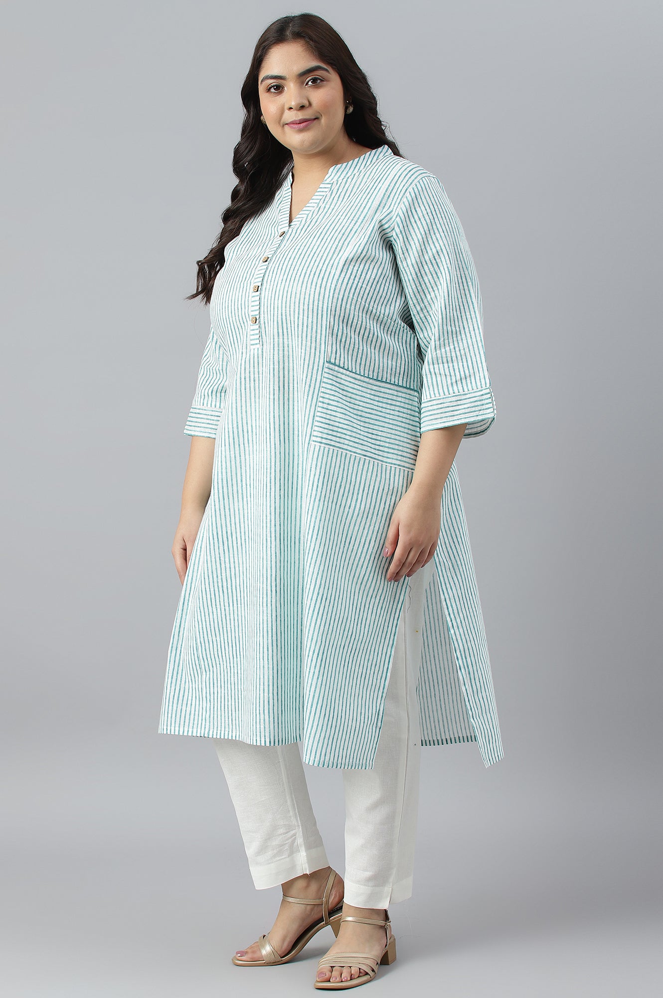 Green Stripe Printed Straight Plus Size kurta