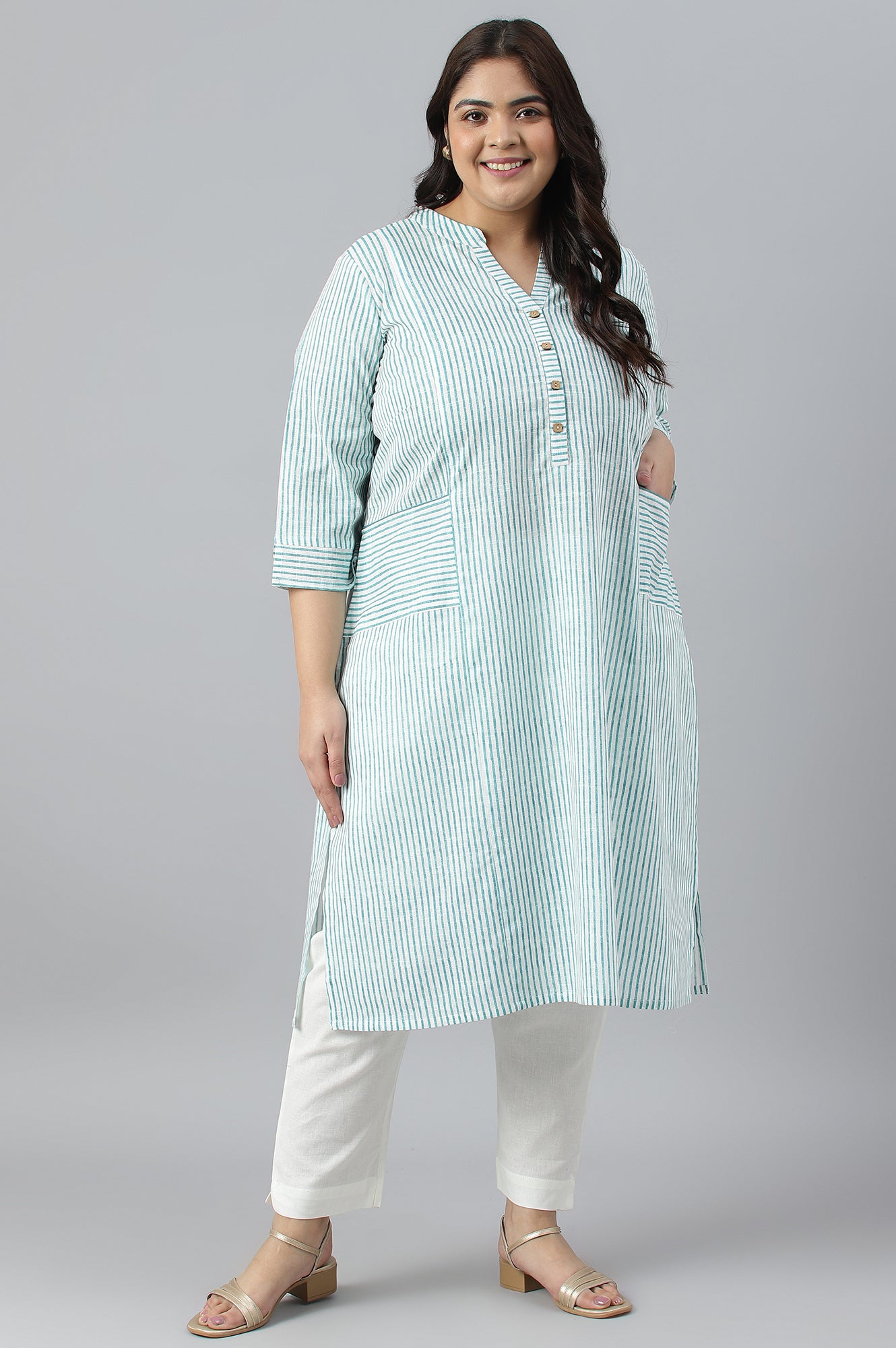 Green Stripe Printed Straight Plus Size kurta