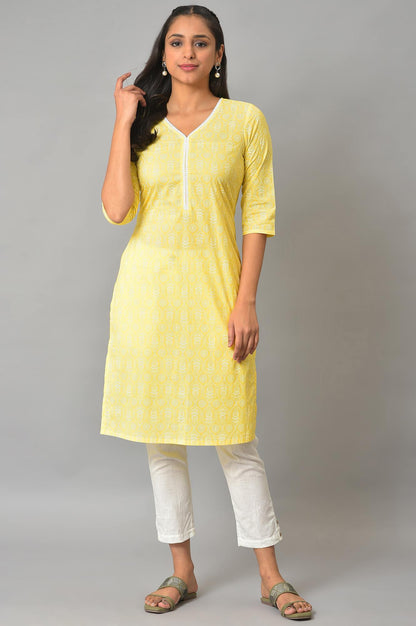 Yellow Floral Printed V-Neck kurta