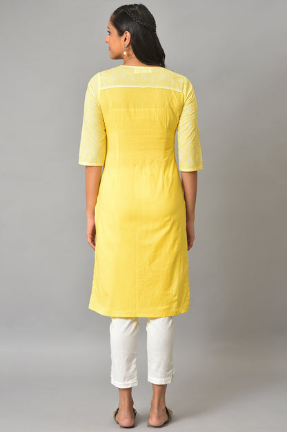 Yellow Floral Printed V-Neck kurta