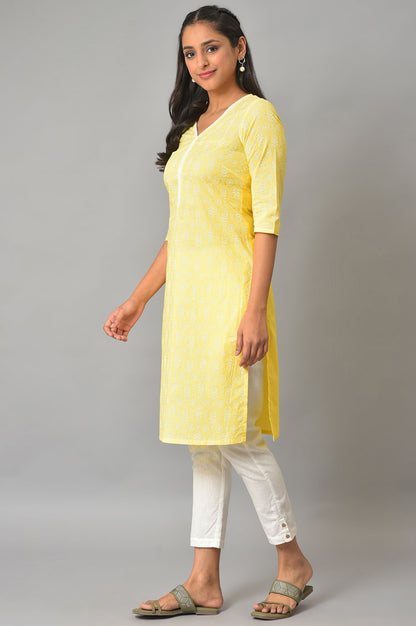 Yellow Floral Printed V-Neck kurta