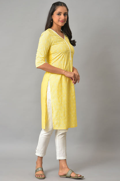 Yellow Floral Printed V-Neck kurta