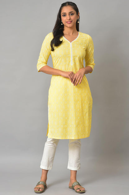 Yellow Floral Printed V-Neck Plus Size kurta