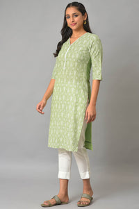 Green Floral Printed V-Neck kurta