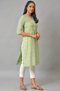 Green Floral Printed V-Neck kurta