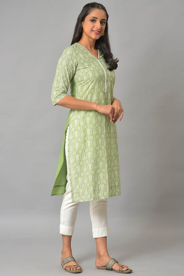 Green Floral Printed V-Neck kurta
