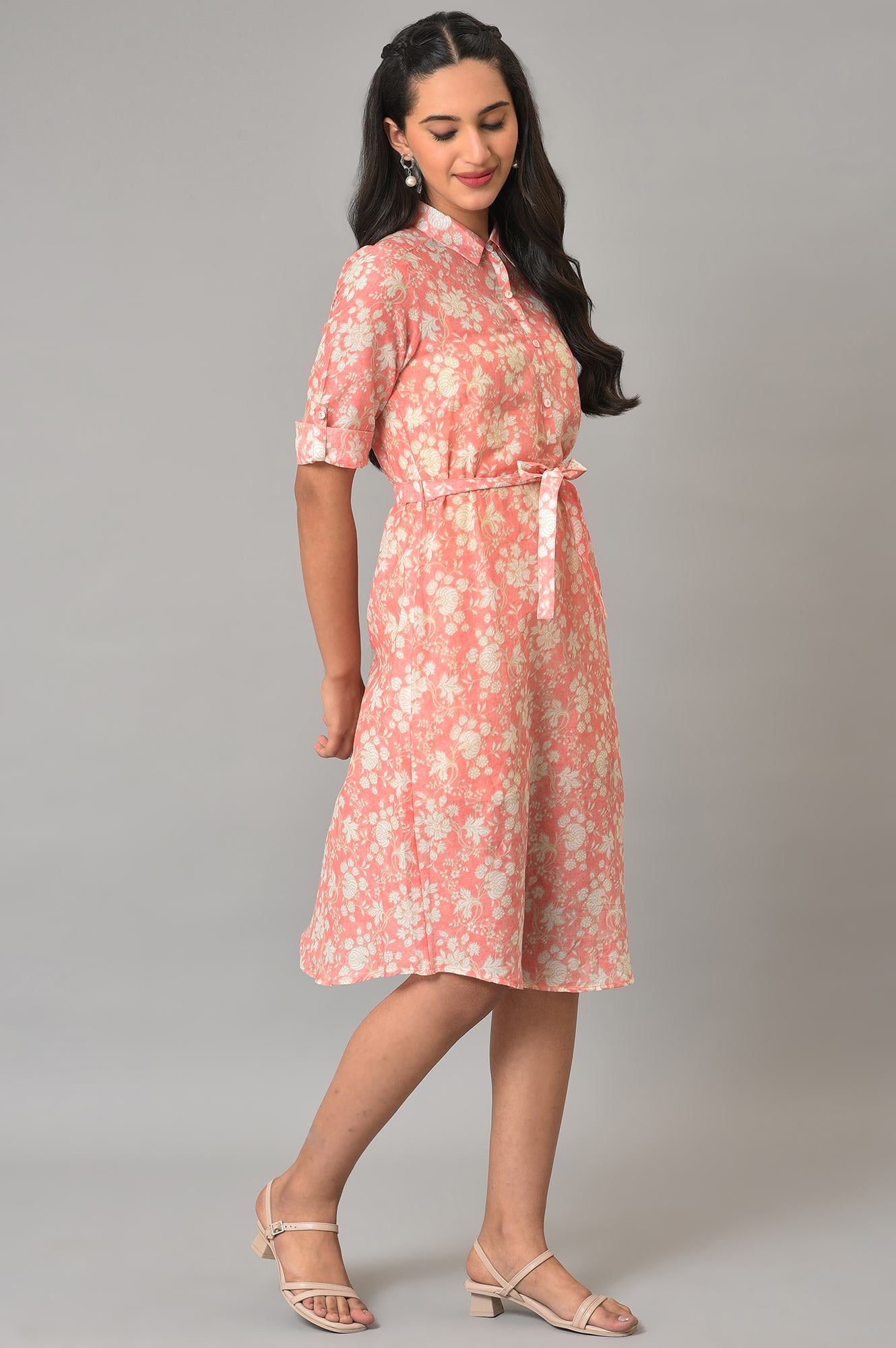 Orange Rounded Hemline Floral Printed Dress