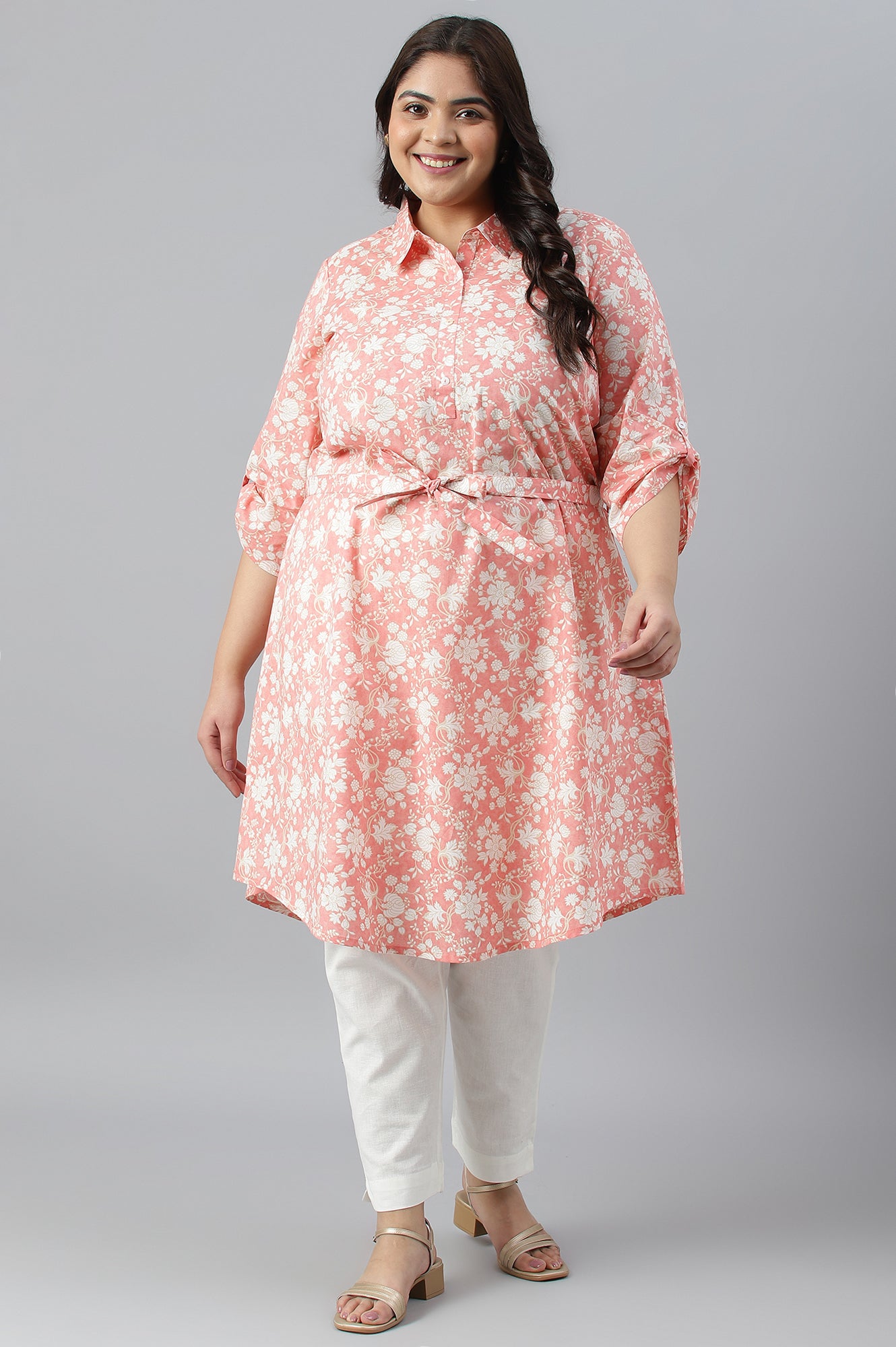 Orange Rounded Hemline Floral Printed Plus Size Dress