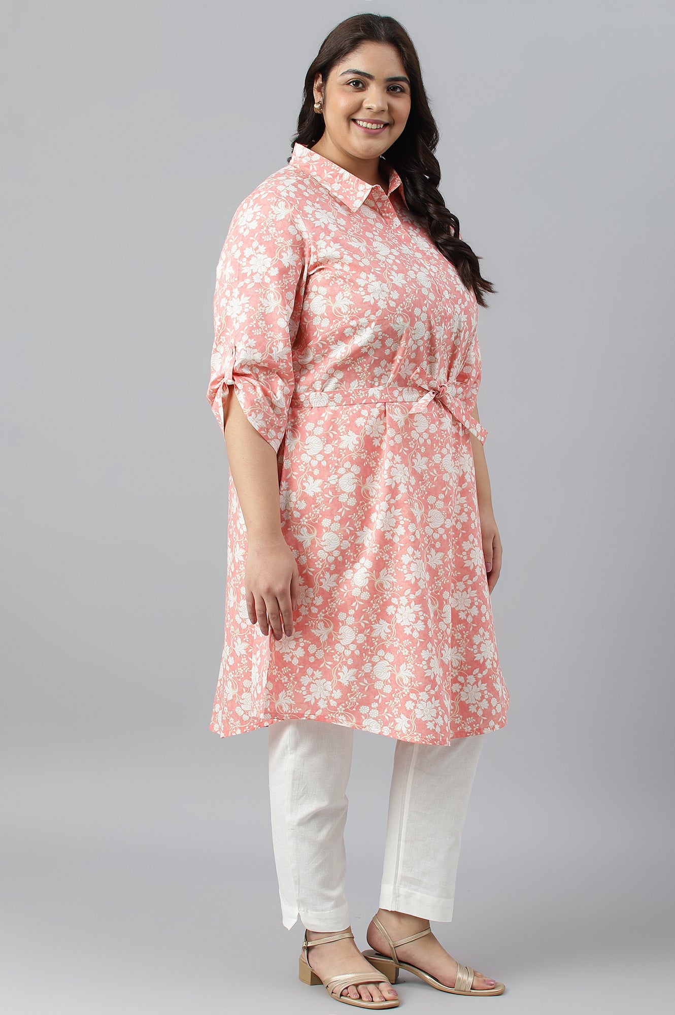 Orange Rounded Hemline Floral Printed Plus Size Dress