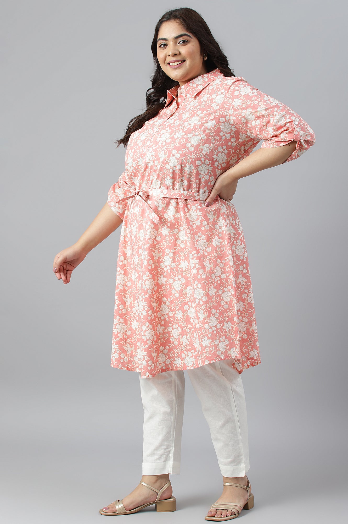 Orange Rounded Hemline Floral Printed Plus Size Dress